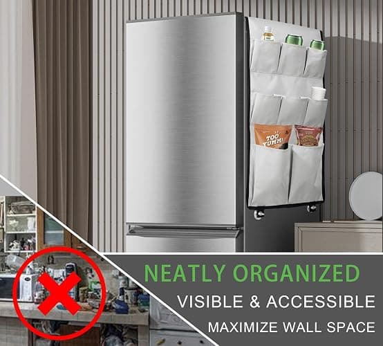 Forzacx Smart Mini Fridge Organizer with 12 Pockets, can be Hung on Majority Mini Fridge Top, Maximizing Your Storage Space, Perfectly Holds plates and More. Ideal for Offices or Dorms(Grey) thumbnail 3