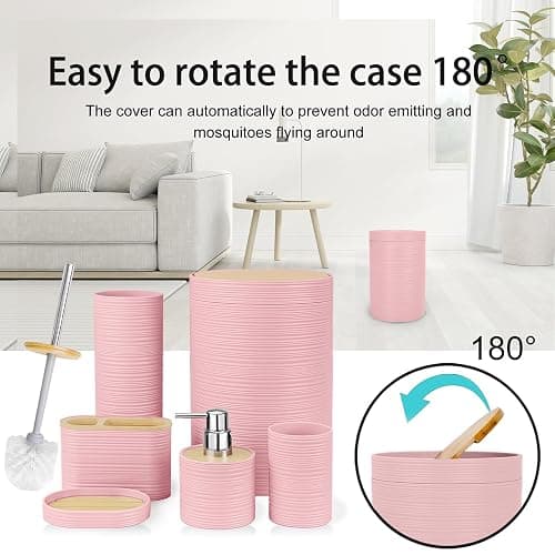 CERBIOR Bathroom Accessories Set 6 Piece Bamboo Bath Ensemble Includes Soap Dispenser, Toothbrush Holder, Toothbrush Cup, Soap Dish for Decorative Countertop and Housewarming Gift, Sriral Pink thumbnail 6