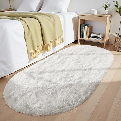 OLANLY Fluffy Soft Area Rugs for Bedroom, 2.6x5.3 Feet Machine Washable Oval Rug, Non-Slip Beside Carpet for Kids Room, Playroom, Nursery, Dorms, Home Decors, Ivory thumbnail 5