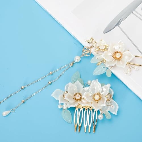 5 Pcs Camellia Flower Tassels Hairpins Set, Chinese Hanfu Crystal Rhinestone Pearl Hair Clips, Retro Wedding Brides Hair Accessories for Women thumbnail 5