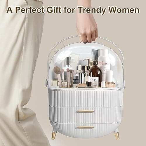Makeup Organizer for Vanity, Make up Organizers and Storage, Cosmetics Skincare Organizers with Lid and Drawers, Cosmetic Display Cases for Countertop, Bathroom, Dresser, Ideal Gifts for Women(White) thumbnail 3