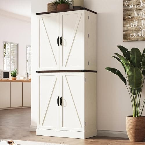 Farmhouse Kitchen Pantry Cabinet with 3 Drawers,71" Tall Rustic Wood Storage Cabinet with 6 Door Shelves,with Load-Bearing Steel Pipe,Pantry Organizers for Kitchen,Dining Room(Rustic Off White) thumbnail 3