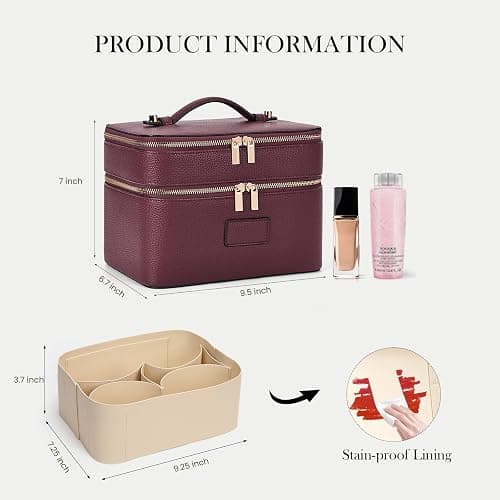 HiTotes Large Makeup Bag Duo Vanity Case for Women Leather Makeup Case Travel Toiletry Bag Portable Double Layer Cosmetic Bag thumbnail 5
