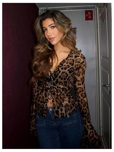 RoseSeek Women's Leopard Sheer Tops Bell Sleeve Tie Front V Neck T Shirt Vintage Party Y2K Clothes Going Out Top thumbnail 2