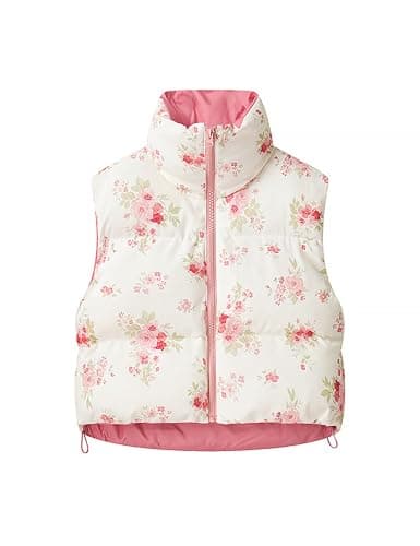 InterNos Womens Cropped Floral Print Puffer Vest Lightweight Stand Collar Zip up Sleeveless Winter Padded Coats thumbnail 6