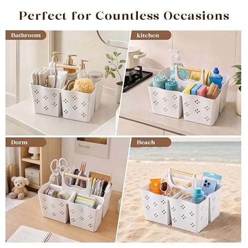 GVY Plastic Shower Caddy Portable, Large Capacity Shower Basket with Handle, Divided Bathroom Toiletry Organizer, Quick-Drain Shower Caddy for College Dorm Beach Kitchen Essentials, White. thumbnail 8