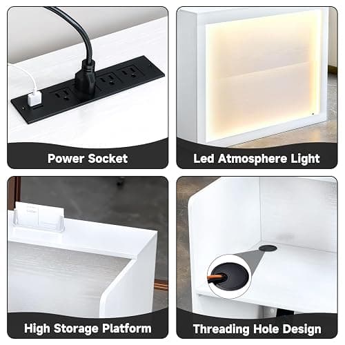 TC-HOMENY Reception Desk with LED Lights, 55'' Retail Counter Modern with Storage Shelves and Cable Grommet, Front Table, Salon Desk, Office Table,White thumbnail 6