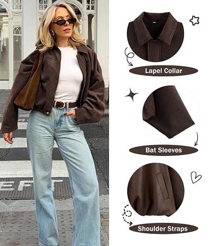 Bnigung Womens Faux Suede Bomber Jacket Oversized Long Sleeve Cropped Coat | Lightweight Going Out Suede Jackets, 2 Pockets, Lapel Collar, Batwing Sleeve, Zip up, Outerwear for Casual Daily Vacation thumbnail 4
