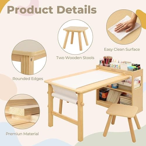 Bateso Kids Art Table and 2 Chairs Set with Roll Paper & Storage, Wooden Kid Craft Table for Drawing, Learning and Reading, Toddler Activity Play Desk for Home, Playroom or Classroom thumbnail 5