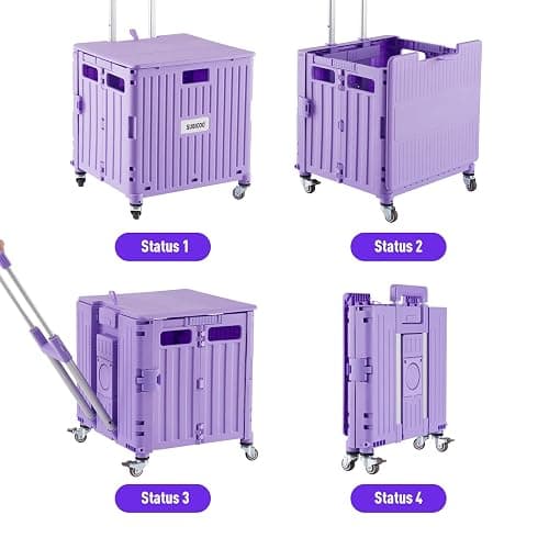 Folding Utility Cart Portable Rolling Crate Handcart Shopping Trolley Collapsible Tool Box, with Lid, Basket on 4 Rotate Wheels, for Grocery, Shopping, Office, Storage, Teacher (Purple) thumbnail 9
