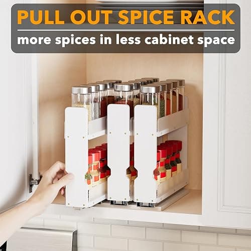 SpaceAid Bamboo Pull Out Spice Rack Organizer for Cabinet, Heavy Duty Slide Out Seasoning Kitchen Pantry Sliding Vertical Organization, 7.6" Wide, 3 Drawers(2" Wide), 2-Tier, White thumbnail 5