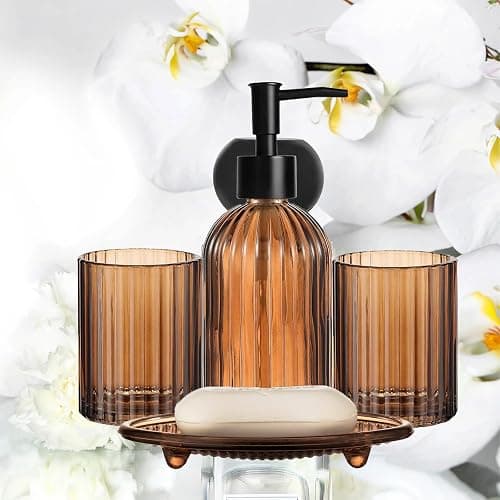 Brown Bathroom Accessories Set, Glass Bathroom Accessory Sets Complete Includes Soap Dispenser, Toothbrush Holder, Mouthwash Cup, Soap Dish for Bath Decor, Countertop Vanity Organize thumbnail 7