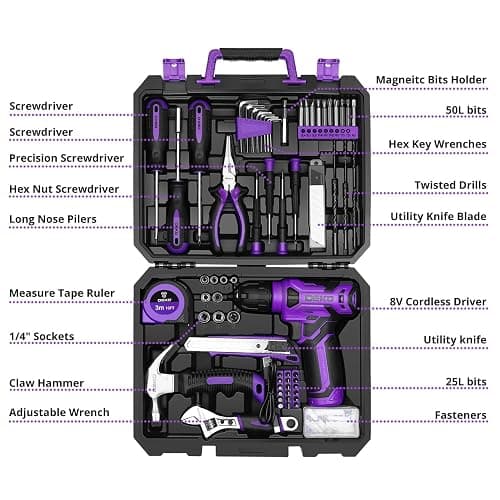 Tool Set: Tool Kit with 8V Cordless Drill, Hand Toolbox with storage case, Tool set for Home Repairs 126 Piece, Purple thumbnail 2