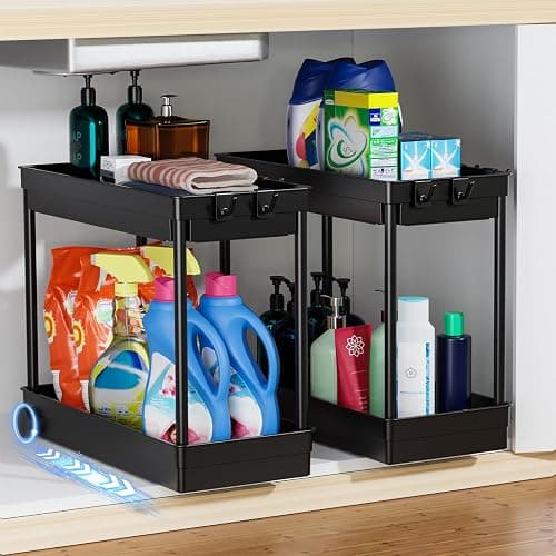 Cicilyna 2 Pack Under Sink Organizer, 2 Tier Bathroom Cabinet Organizers and Storage with Hook, Multi-purpose Storage Basket Shelf for Kitchen, Black thumbnail 2