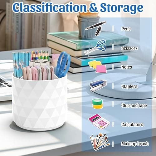 minimaliving Desk Organizer,Sparkling Diamond-like Pen Holder for Desk 360°Rotating Office Accessories,Pencil Cup with 5 Compartments Storage Box Caddy for Office,School,Home,Art Supply(White) thumbnail 7