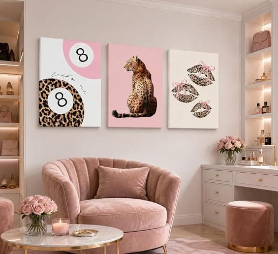 3pcs Pink Cheetah Wall Art Preppy Leopard Wall Decor 12x16in Framed | Leopard Bow Print Painting Lucky 8 Ball Poster Fashion Aesthetic Picture for Girly Bedroom Dorm Apartment thumbnail 6