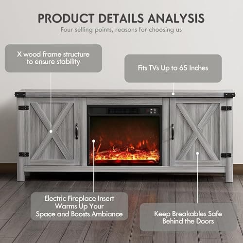 YESHOMY Fireplace TV Stand with Two Barn Doors and Storage Cabinets for Televisions up to 65+ Inch, Entertainment Center Console Table, Media Furniture for Living Room, 58 Inch, Gray Wash thumbnail 6