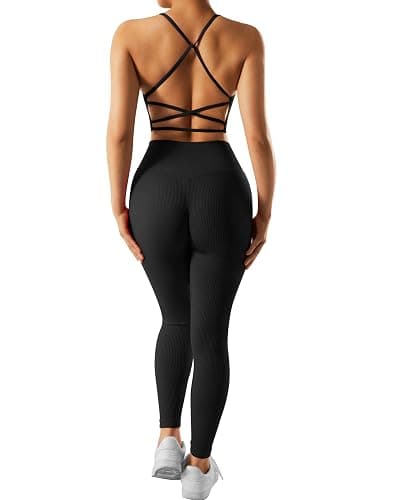 RXRXCOCO Ribbed Workout Sets for Women 2 Piece Backless Strappy Sports Bra Seamless Leggings Matching Set Yoga Outfits thumbnail 2