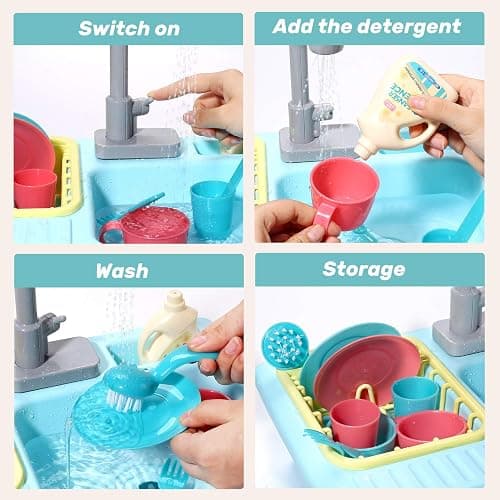 CUTE STONE Color Changing Kitchen Sink Toys, Children Electric Dishwasher Playing Toy with Running Water, Upgraded Faucet, Automatic Water Cycle System Play House Pretend Role Play Toys for Boys Girls thumbnail 8