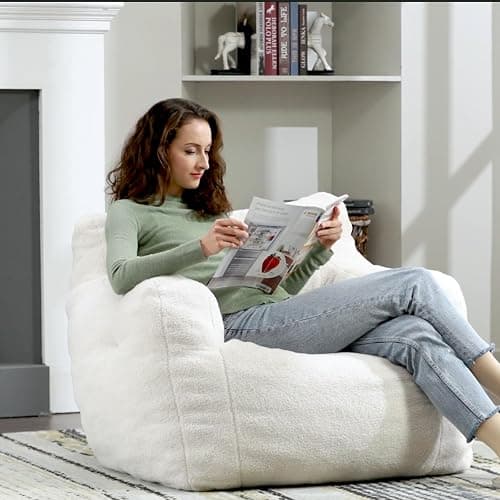 Hison Bean Bag Chairs for Adults and Kid Teddy Fabric Fluffy and Lazy Sofa Filled with Memory Sponge BeanBag Sofa with Armrests for Living Room,Bedroom(White) thumbnail 7