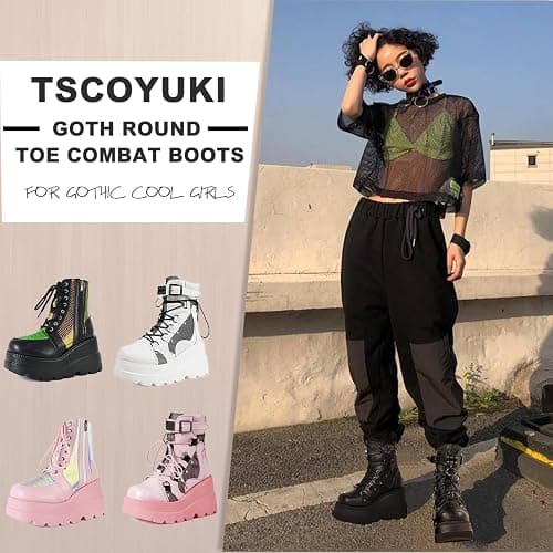 Tscoyuki Platform Ankle Boots for Women Chunky High Heel Booties Goth Round Toe Combat Boots Women Lace Up Motorcycle Wedges thumbnail 5