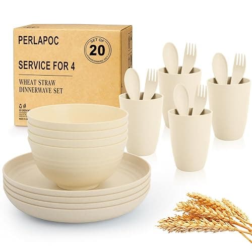 Perlapoc Kitchen Wheat Straw Dinnerware Sets for 4, Unbreakable Kids Dish Set 20 PCS - Dinner Plate/Cereal Bowl/Cup/Fork/Spoon, for Outdoor Camping, RV, Apartment Essentials - Beige - Image 1