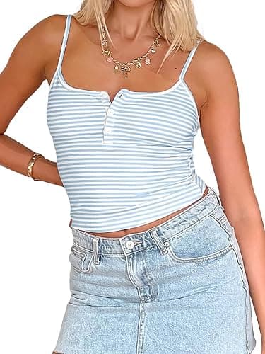 Cioatin Women Cute Sleeveless Striped Print Button Up Crop Cami Y2K Spaghetti Straps Backless Tank Shirt Going Out Tops thumbnail 2