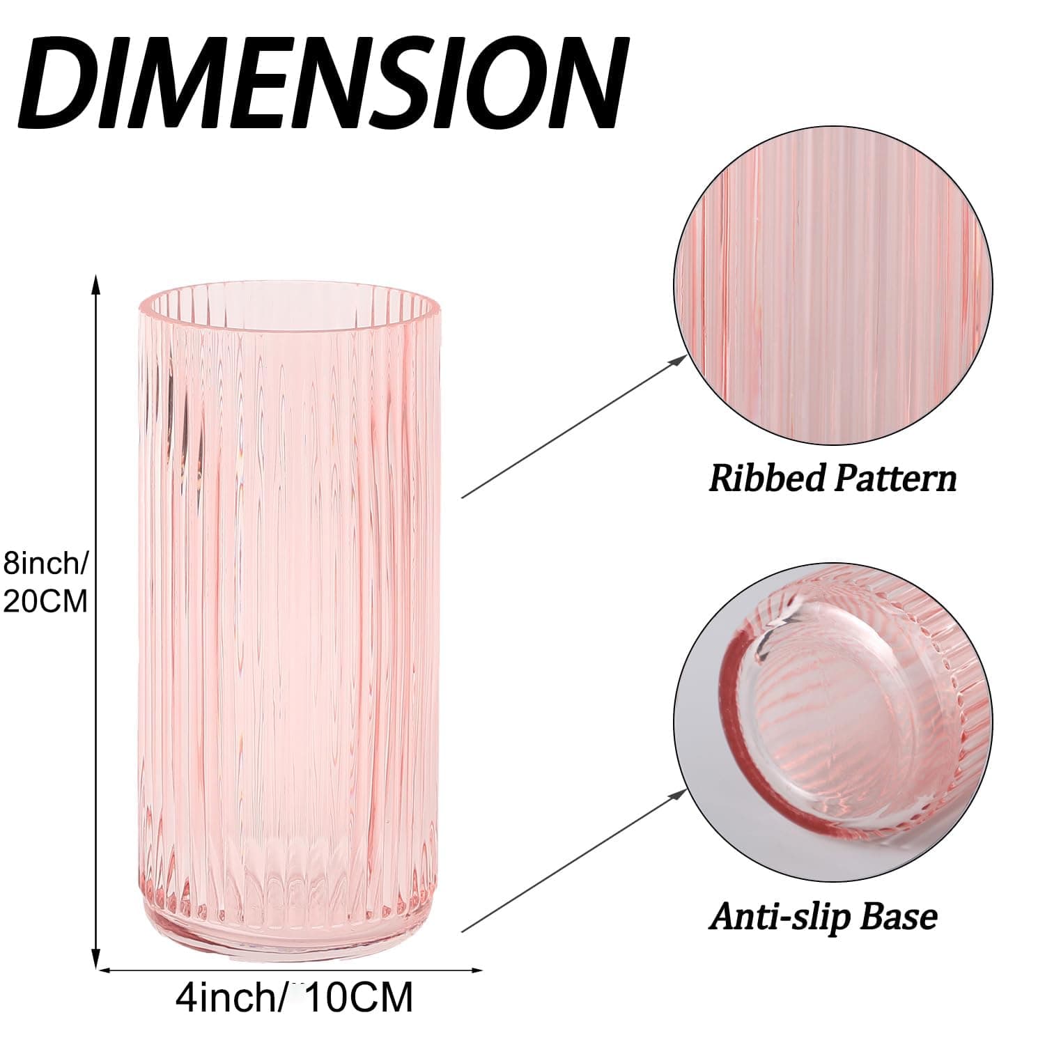 Ribbed Glass Vase, Pink Glass Vases for Flowers, Flower Vases for Bouquets, Modern Ribbed Vase for Bedroom, Living Room, Office, Shelf, 20 cm thumbnail 7