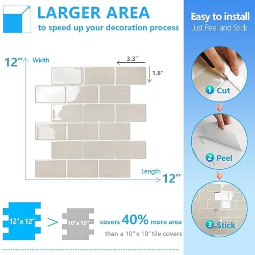 STICKGOO Peel and Stick Backsplash Subway Tiles, 10 Sheets of 12" x 12" - 3D Adhesive Peel and Stick Tile Backsplash for Kitchen, Bathroom, Wall Tile (Thicker Design, Light Gray Beige) thumbnail 6
