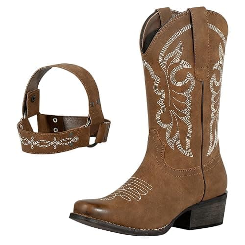J's.o.l.e Women's Square Toe Cowgirl Cowboy Boots Mid Calf Western Riding Boots with Fashion Buckle Strap thumbnail 5