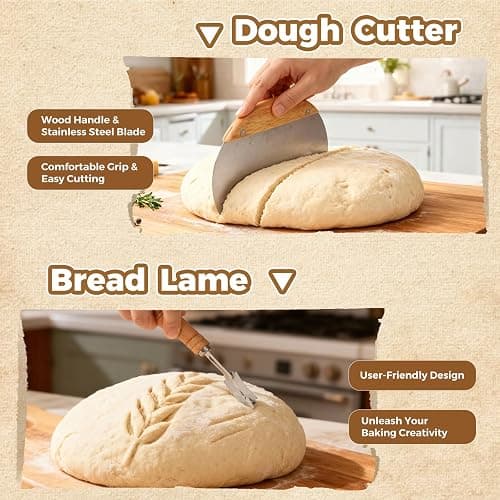 Complete Bread Proofing Basket Kit | All-in-One Set with Banneton(9 in), Sourdough Starter Jar Kit, Bread Lame, Dough Scraper, Whisk, Cutter & Tools thumbnail 6