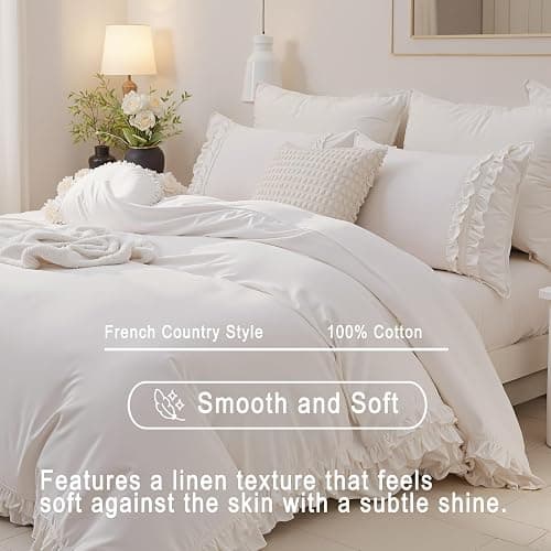 Merryword 100% Cotton Ruffled Duvet Cover Set Queen, White Shabby Chic Farmhouse Bedding Set French Country Cute Comforter Cover thumbnail 4