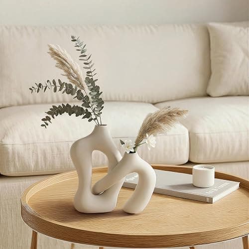 Dowan White Vases for Decor,Hollow Ceramic Vase Set of 2,8.3" Nordic Modern Boho ins Style Decorative Ceramic Aesthetic Flower Vase for Home Decor Modern Minimalist Table, Entryway Centerpieces thumbnail 5