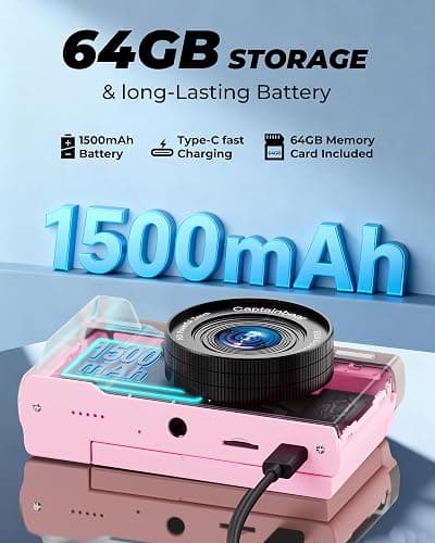 4K Digital Camera,64MP Cameras for Photography with 16X Digital Zoom, AutoFocus Vlogging Camera for YouTube, 3" 180°Flip Screen Compact Travel Camera, Anti-Shake 4K Video Cameras with 64GB Card, Pink thumbnail 6