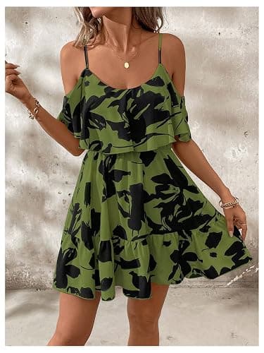SOLY HUX Women's Boho Floral Print Cold Shoulder Dress Short Sleeve Ruffle A Line Vacation Elegant Mini Dresses thumbnail 5