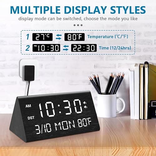 Kogonee Wooden Digital Alarm Clock, 0-100% Dimmer, 2 Alarm Settings, Weekday/Everyday Mode, 9 Mins Snooze, 12/24H, Temperature and Date Display for Office, Travel, Bedroom Alarm Clock (Black) thumbnail 7