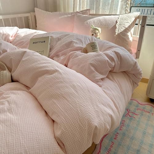 VM VOUGEMARKET Pink Full Duvet Cover Set 3 Pieces Lace Bedding Set Simple Cozy Plaid Checkered Comforter Cover with Zipper Ties for Teen Girls - Image 1