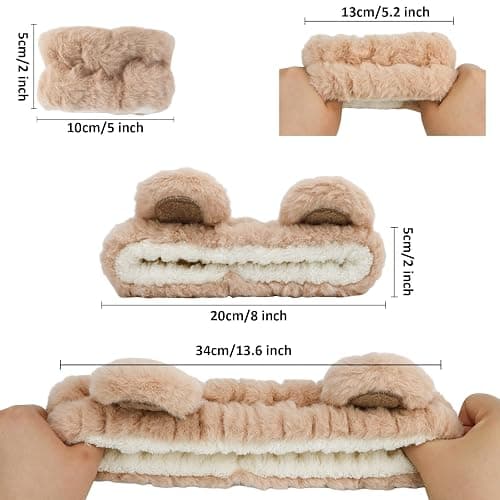 Canitor Face Wash Headband with Wrist Towels - Soft Coral Fleece Spa Makeup Headband, Cute Animal Elastic Skincare Design with Bear Ears thumbnail 7