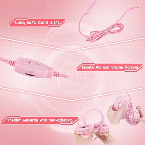 DIWUER Gaming Headset for Xbox One, PS4, PS5, Nintendo Switch, Bass Surround and Noise Cancelling 3.5mm Over Ear Headphones with Mic for Laptop PC Smartphones, Pink thumbnail 6
