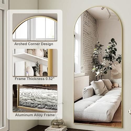 HARRITPURE 64"x21" Arched Full Length Mirror Free Standing Leaning Hanging Mounted Mirror Aluminum Frame Modern Simple Home Decor for Living Room Bedroom Cloakroom, Gold thumbnail 5