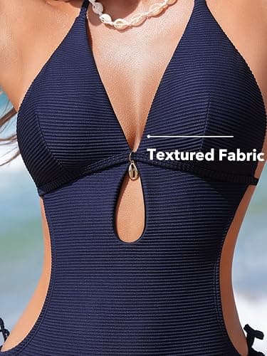 CUPSHE Women's One Piece Swimsuit Bathing Suit Halter Cutout Pluning Neck Backless Self Tie Textured thumbnail 3