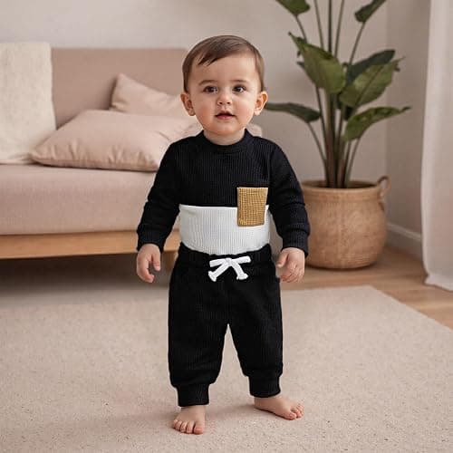 allshope Newborn Baby Boy Fall Outfit Romper Long Sleeve Solid Jumpsuit Bodysuit Elastic Waist Pants Infant Waffle Clothes thumbnail 3