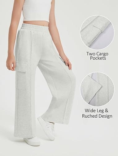 EXARUS Girls Sweatpants Wide Leg Baggy Teen Sweat Pants Cargo/Side Striped/Crossover V Waist Casual with Pockets 6-14Y thumbnail 4