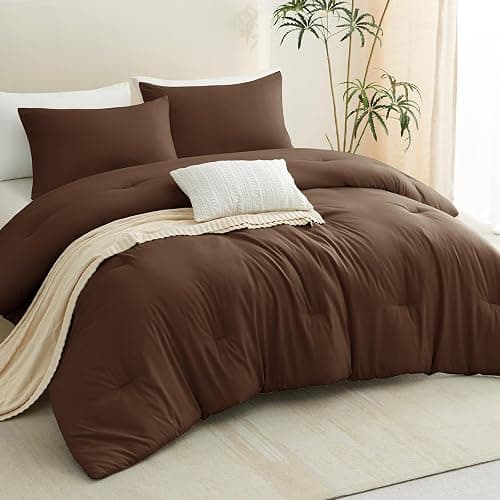 CozyLux Queen Comforter Set Brown, 3 Pieces Solid Breathable Quilted Style Bedding Sets, Luxury Fluffy Soft Bed Set with Down Alternative Comforter for All Season (1 Comforter & 2 Pillowcases) thumbnail 8