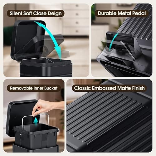 CEROELDA Small Trash Can with Lid-5L/1.3 Gal,Stainless Steel Outdoor Dog Poop Garbage Can-Farmhouse Retro Metal Waste Bin w/Step Pedal for Bathroom Bedroom Office-Soft Close-Black thumbnail 5