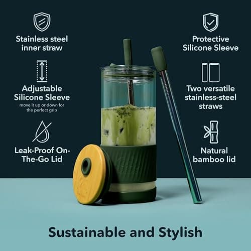 Pandaloo® Glass Cups With Lids and Straws -20 Fl Oz- Perfect Size Iced Coffee Cup - Smoothie Cup With Bamboo Lid and On the go Lid - Glass Tumbler With Straw (1 Count (Pack of 1), Lilac Rhapsody) thumbnail 3