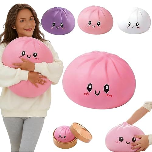Giant Dumpling Cute Squishy Stress Ball,Jumbo Soft Slow Rising Dumpling Stress Ball,Large Dumpling Cute Squishy,Stress Relief Desk for Office Home Study Adults(Pink L: 25cm/10 Inch（no Basket） - Image 1