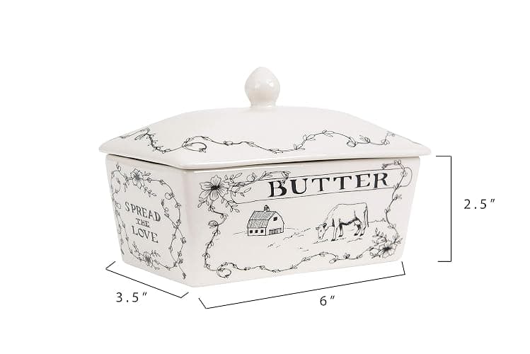 Creative Co-Op Country Stoneware Butter Dish with Lid, "Spread the Love" Message, and Farm Line Drawing, White and Black, Food, Microwave, and Dishwasher Safe thumbnail 3