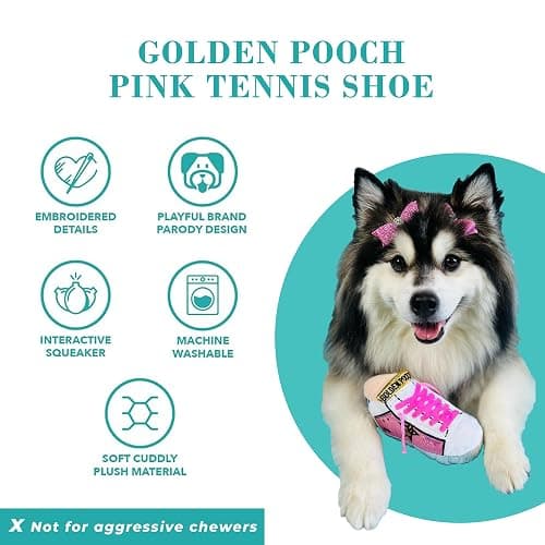 Haute Diggity Dog Pink Golden Pooch Tennis Shoe, Plush Designer Dog Toys with Interactive Squeaker, Stimulating Pet Enrichment, Machine-Washable & Safe Materials for All Breeds, One Size thumbnail 4