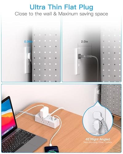 One Beat Power Strip Surge Protector - 6 Widely Outlets 4 USB Ports(2 USB C), 3 Sided Outlet Extender, 6 Ft Flat Plug Extension Cord, Wall Mount Power Strip for Home Office Travel College Dorm Room thumbnail 2